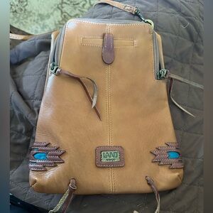 LAND Tan Leather Crossbody Purse with Brown and Blue Accents